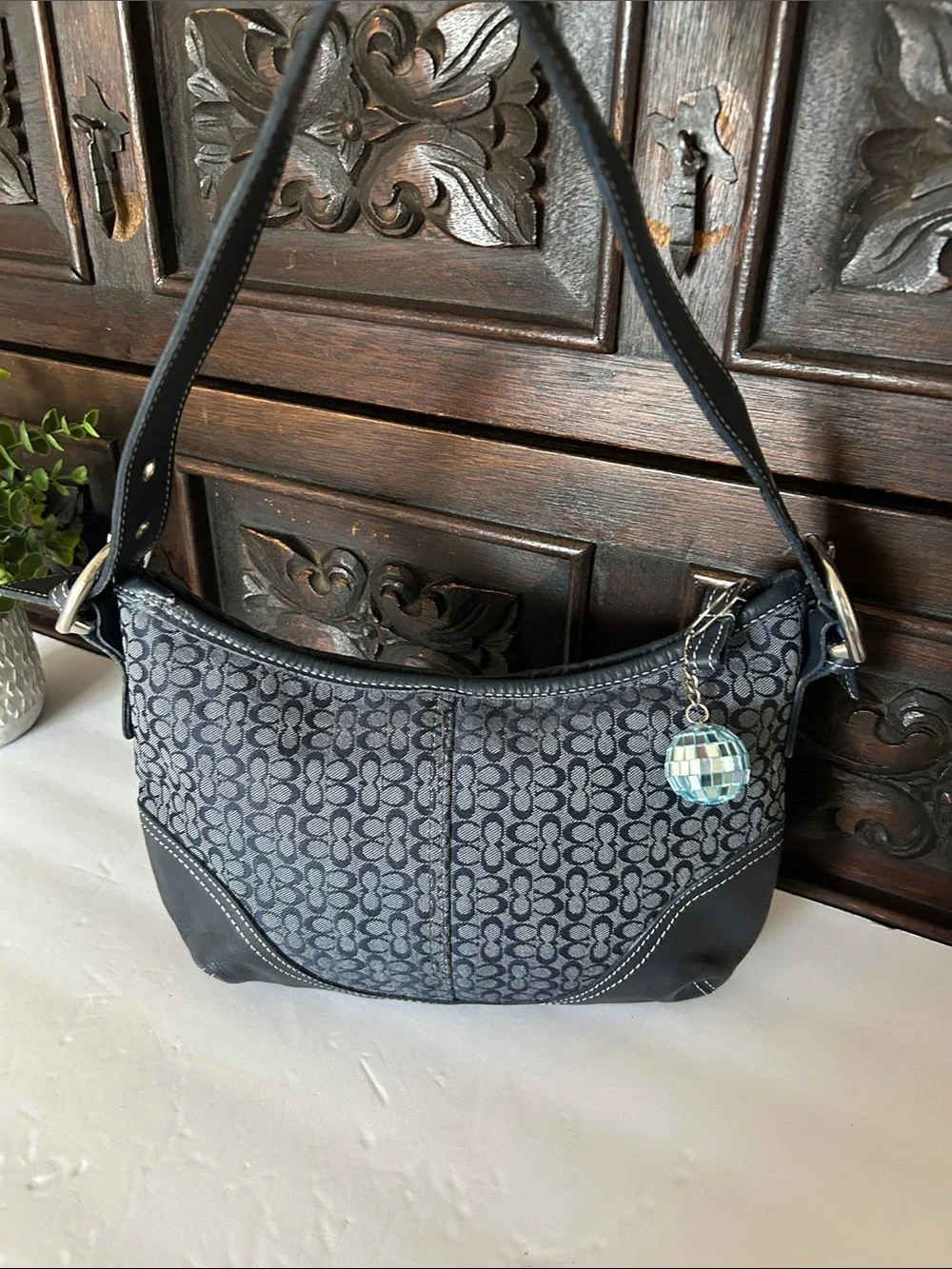 Beautiful Navy Signature Canvas Hobo with Leather Trim